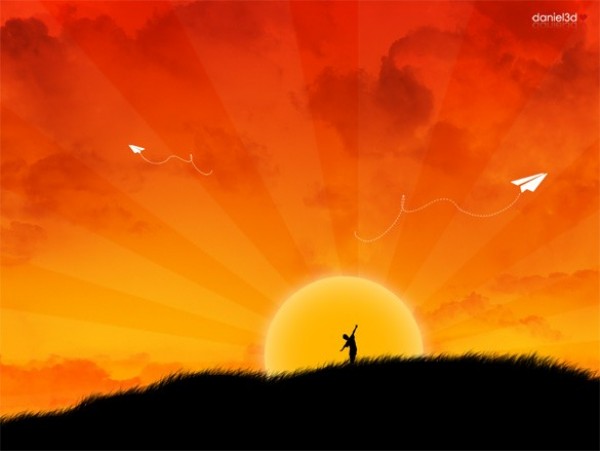 wallpaper sunset sun silhouette playing paper airplane orange hillside bright boy background 