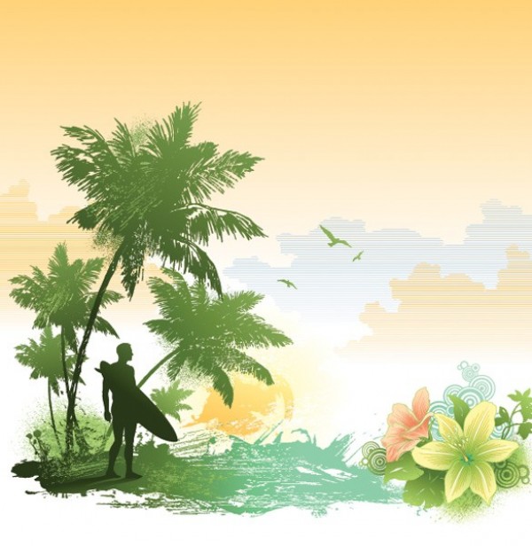 web vector unique tropics tropical surfer stylish silhouette quality palm trees painting painted original landscape illustrator high quality graphic fresh free download free floral download design creative background 