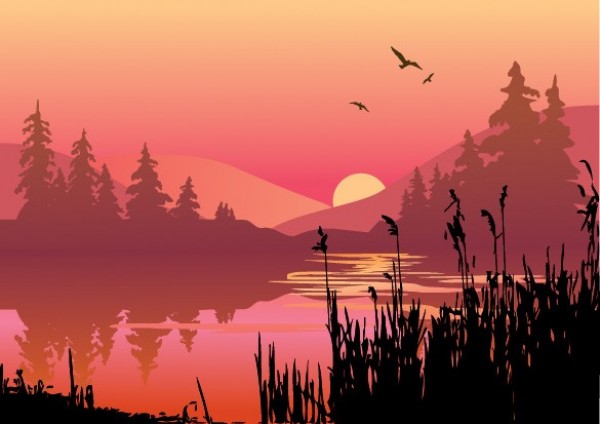 wilderness web vector unique tranquil sunset stylish quality peaceful original mountain scene mountain lake lakeside lake sunset lake illustrator high quality graphic fresh free download free evening EPS download design creative birds background  