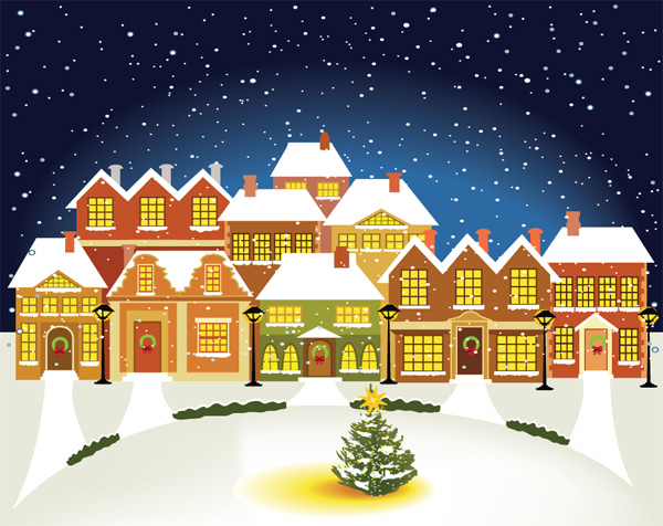 vector tree street lights stars house free download free city street christmas card christmas background 