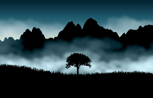 vector tree silhouette night mountains mists mist landscape free download free 