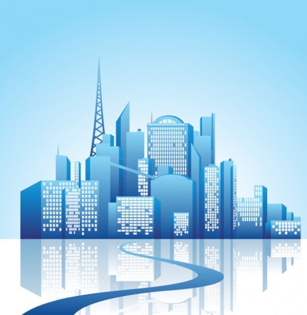 web vector unique stylish skyscrapers skyline silhouette reflection quality original illustrator illustration high quality graphic fresh free download free EPS download design creative city scene city buildings blue 