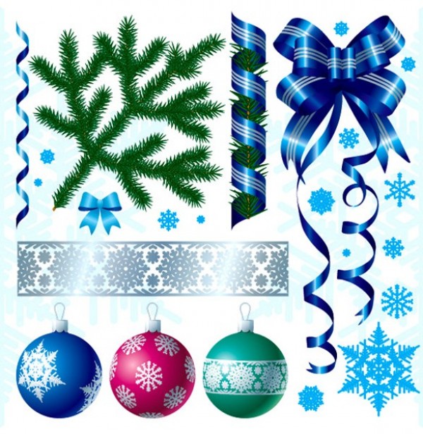 web vector unique ui elements tree bough stylish snowflakes set ribbons quality ornaments original new interface illustrator high quality hi-res HD graphic gift ribbon fresh free download free elements download detailed design creative christmas ornaments Christmas elements christmas bough blue ribbon blue 