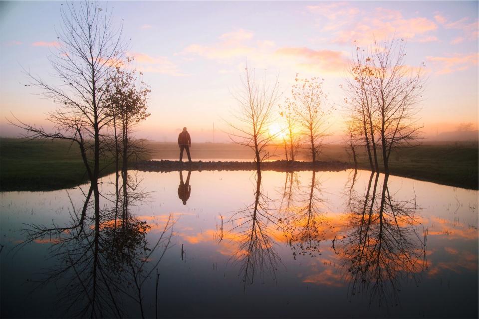 sunset, water, reflection, trees, pond, guy, man, jacket, fog, rural, clouds