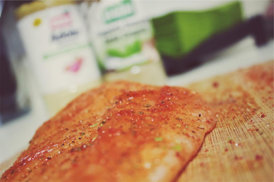 salmon, fish, spices, food, cooking, cutting board, kitchen