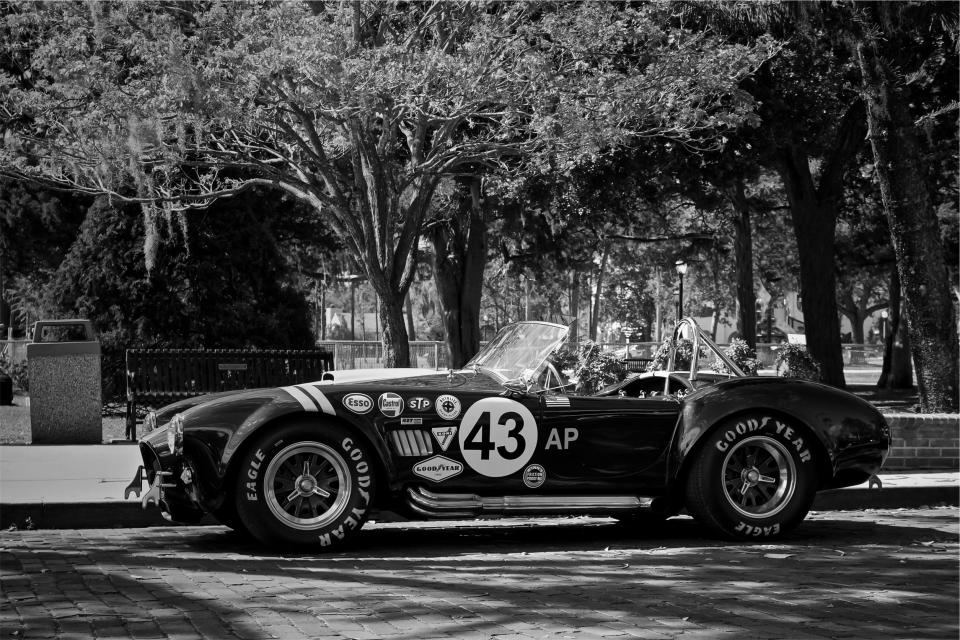 Shelby, Cobra, race car, vintage, classic, oldschool, fast, Goodyear, tires, street, cobblestone, black and white, trees, automotive
