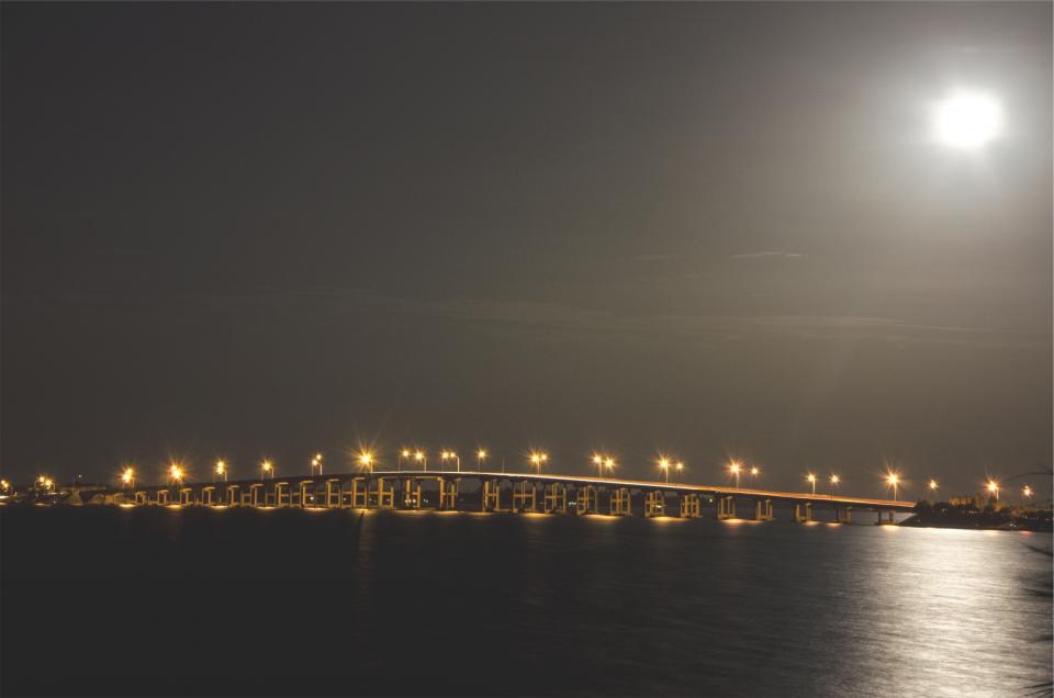 water sky night moon lights evening dark Bridge architecture 