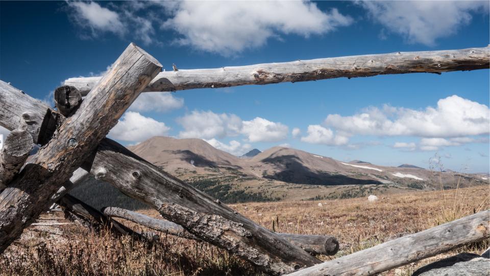 wood, logs, fields, grass, rural, mountains, hills, blue, sky, clouds, landscape