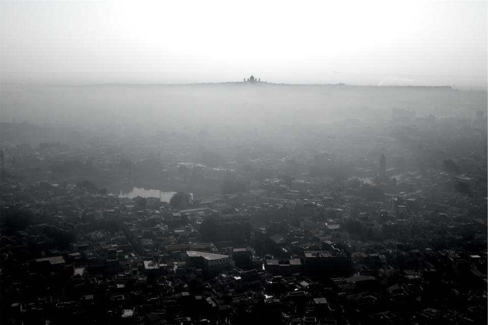 view sky rooftops fog city buildings blackandwhite architecture aerial 