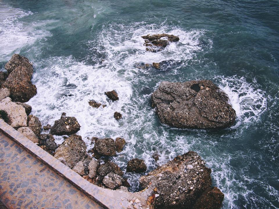 ocean, sea, waves, water, rocks, boulders, coast, path