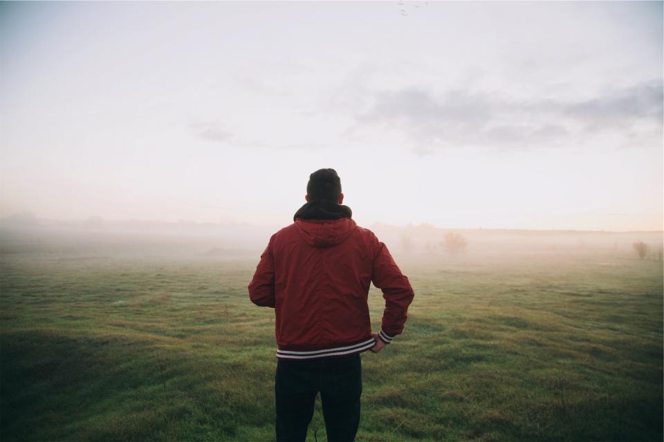 guy, man, jacket, red, hood, grass, field, sky, fog, people