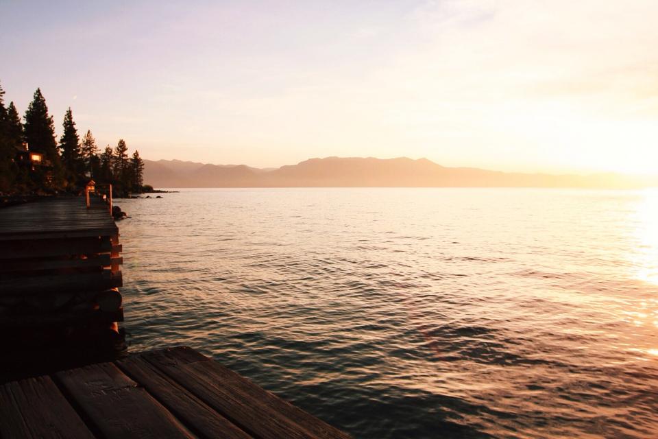 sunset, lake, water, wood, dock, sky, mountains