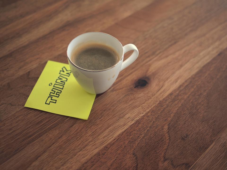 wood think post-itnote office desk cup coffee business 
