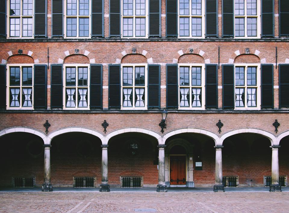 The Hague, Netherlands, government, building, architecture, bricks, arches, windows, shutters, cobblestone