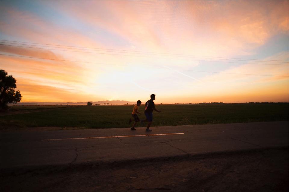 sunset, dusk, sky, young, kids, children, running, fitness, exercise, road, pavement, people