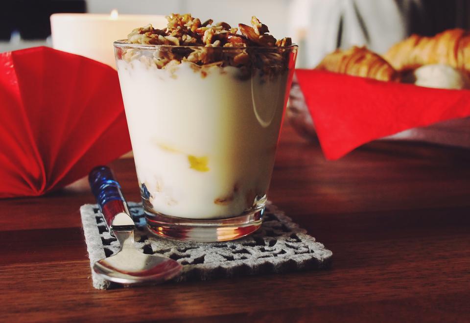 parfait, yogurt, granola, breakfast, morning, spoon, coaster, food