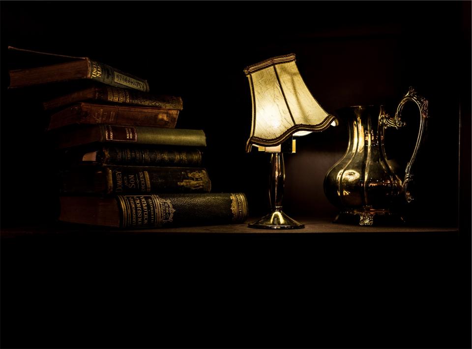 desk, lamp, light, wood, books, vintage, antique, dark, study
