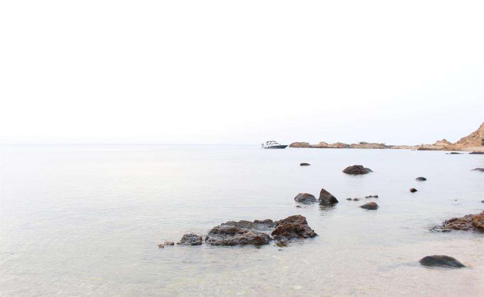 rocks, water, shore, boat, coast, ocean, sea