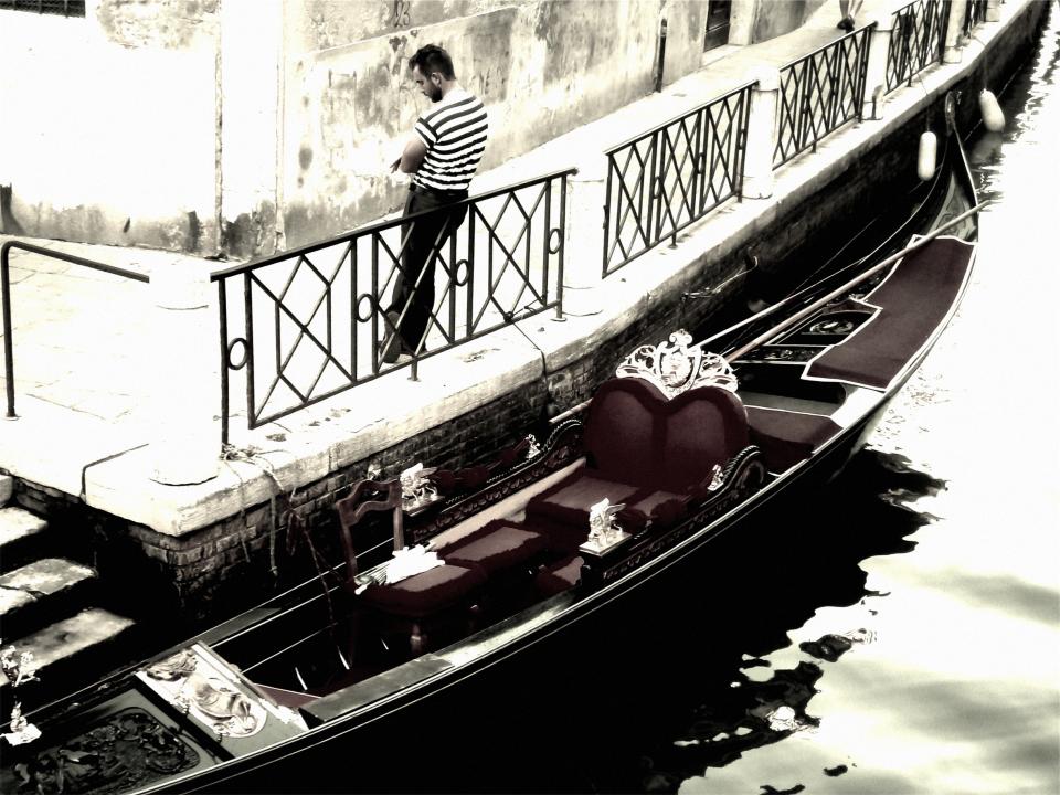water Venice steps railing people man Italy guy gondola boat 