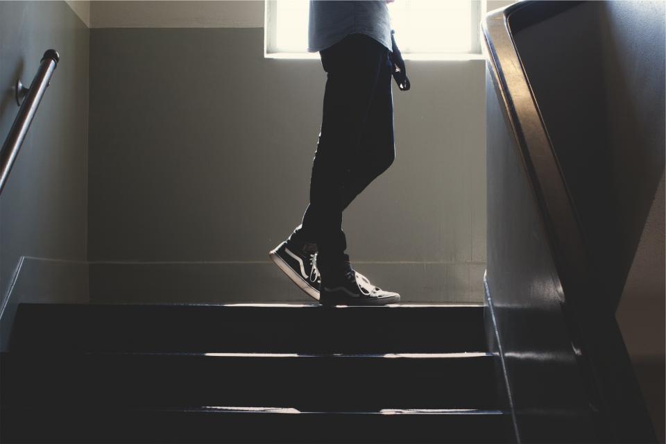 stairwell, stairway, stairs, steps, shoes, jeans, man, guy