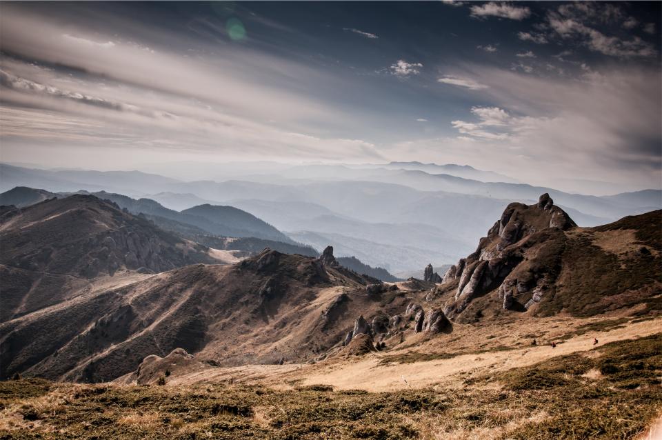 landscape, mountains, hills, valleys, rocks, sky, clouds