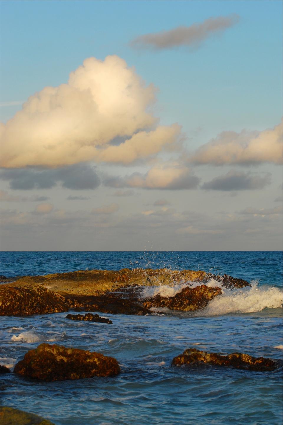 rocks, boulders, waves, splash, water, ocean, sea, horizon, sky, clouds