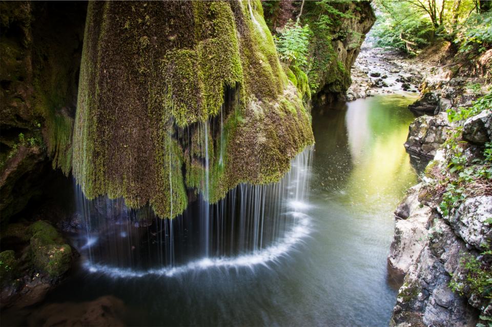 waterfall, river, water, stream, rocks, moss, nature