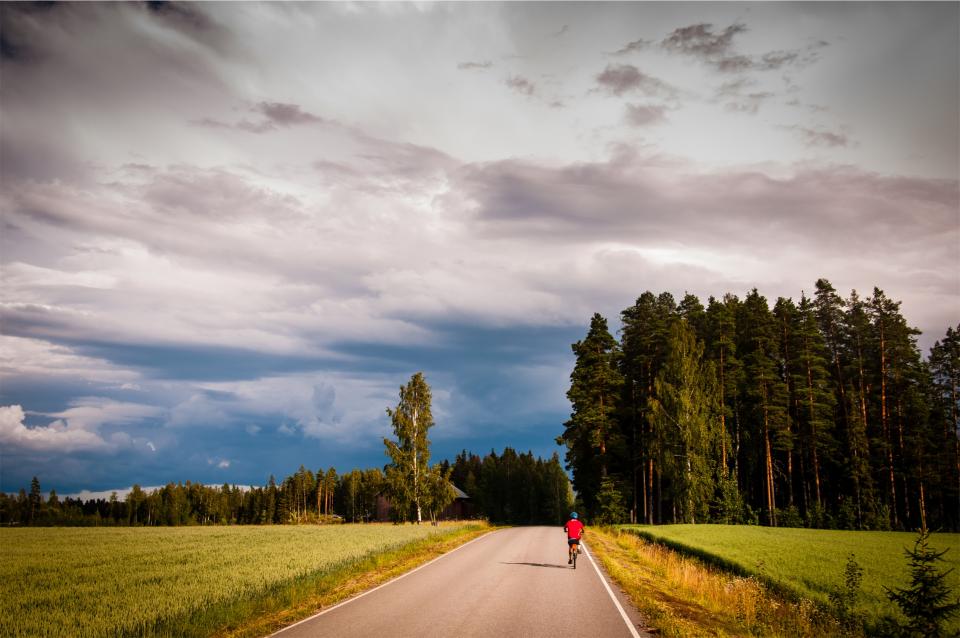 cyclist, cycling, bicycle, bike, biking, fitness, exercise, fields, grass, rural, road, forest, trees, sky, clouds, sunshine