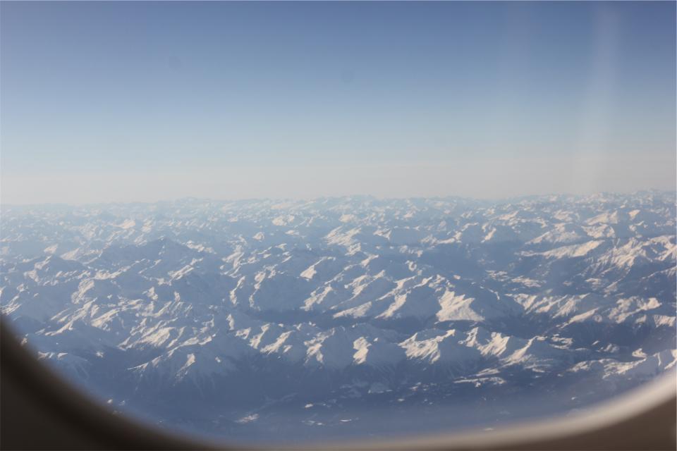 aerial, window, mountains, peaks, snow, view