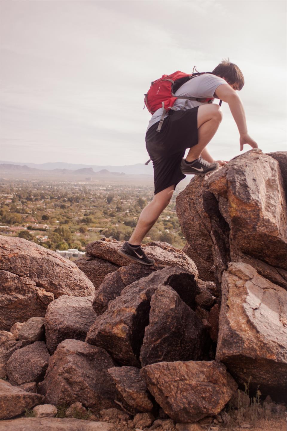 young tshirt shorts shoes rocks people nike+ knapsack hiking hiker guy fitness boy boulders backpack 