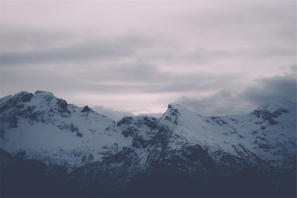 mountains, peaks, snow, summit, sky, clouds, cloudy
