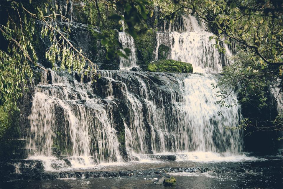 waterfalls water trees stream rocks river nature moss 