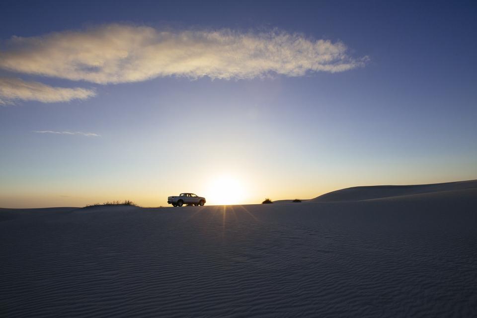 truck sunset sky sand dusk desert clouds 