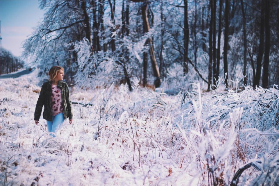 young woods woman winter trees snow rural road people nature jeans jacket ice girl frozen freezing forest denim cold 