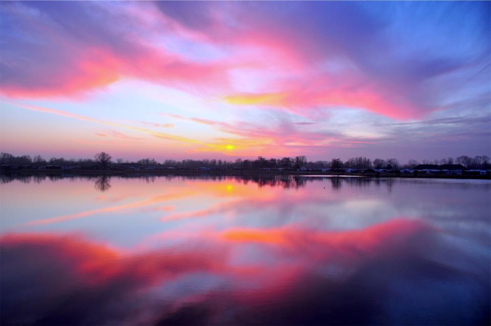 water sunset sky reflection pink lake dusk clouds 