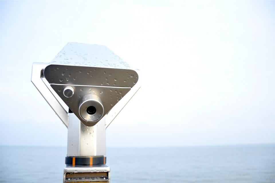 tower viewer, telescope, binoculars, view, water, horizon
