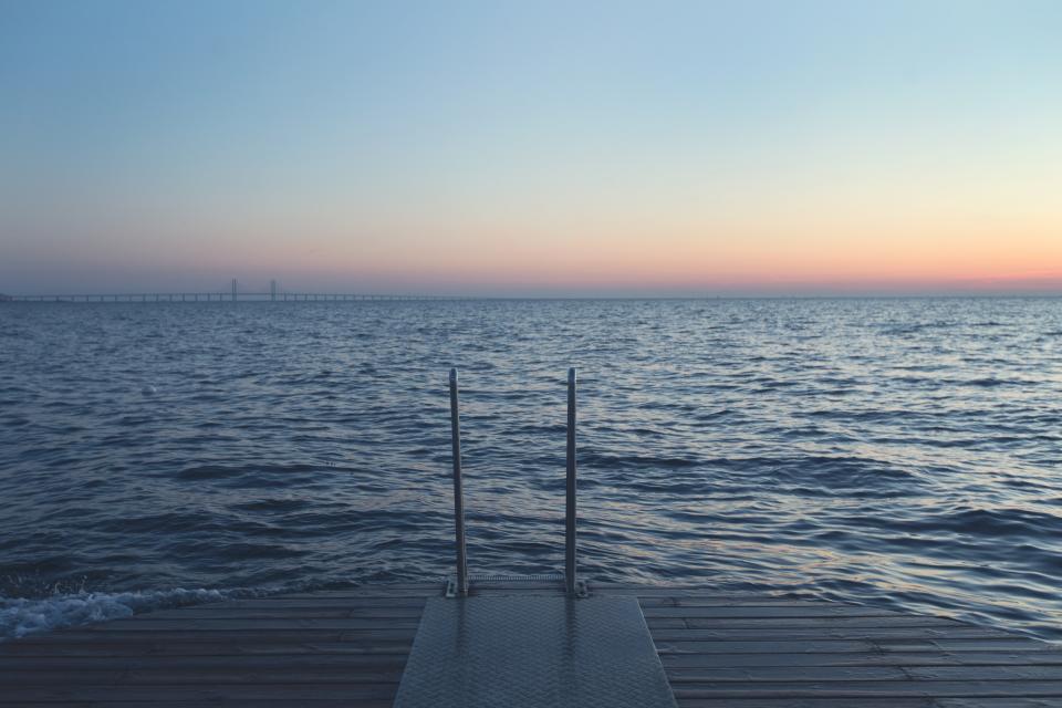 waves water sunset sky lake ladder horizon dusk dock Bridge 