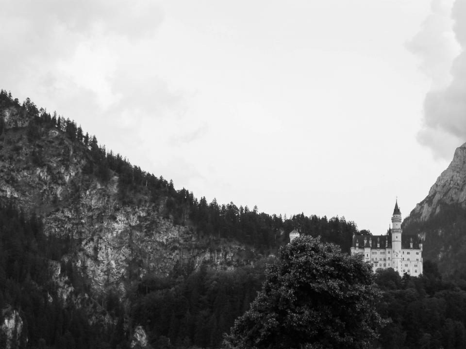 NeuschwansteinCastle mountains landscape hills germany blackandwhite Bavaria architecture 