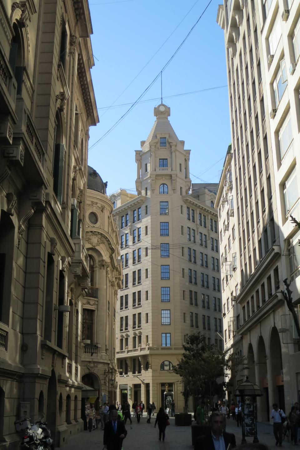 Santiago, Chile, city, urban, downtown, buildings, architecture, streets, people, pedestrians, walking, high rises, stores