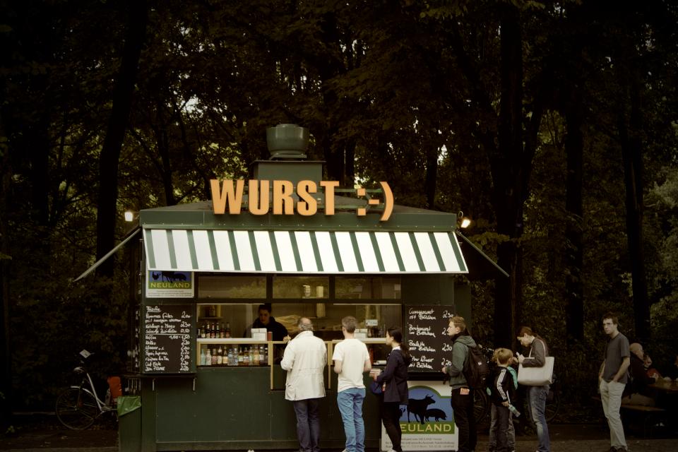 wurst sausage restaurant people menu German foodstand Berlin 