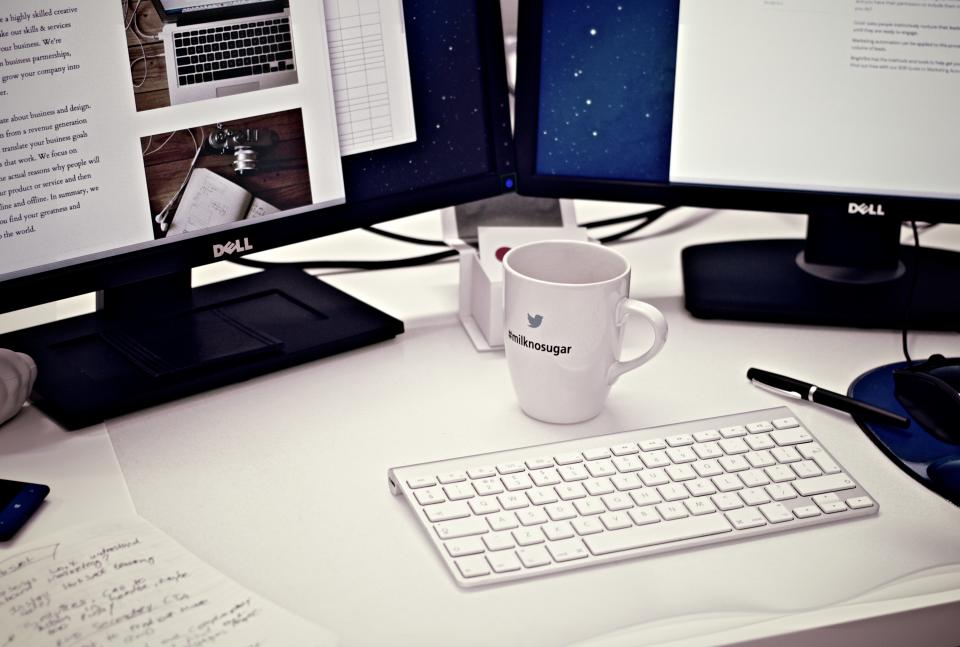 working screens peripherals pen office mug mouse keyboard dualmonitors desktop desk cup computer coffee business 