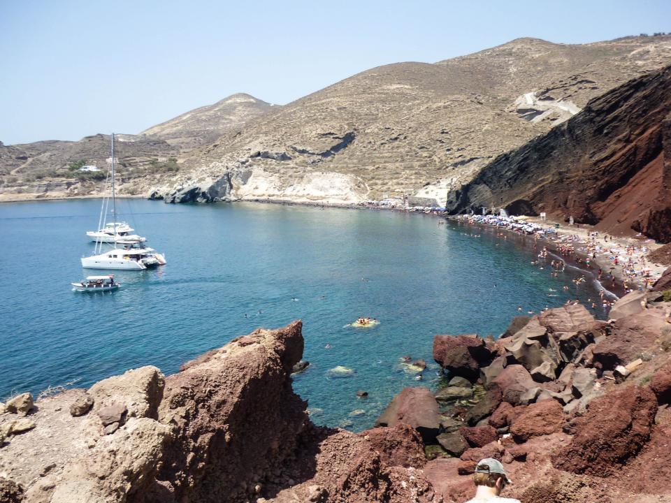 water Santorini rocks RedBeach hills greece boats 