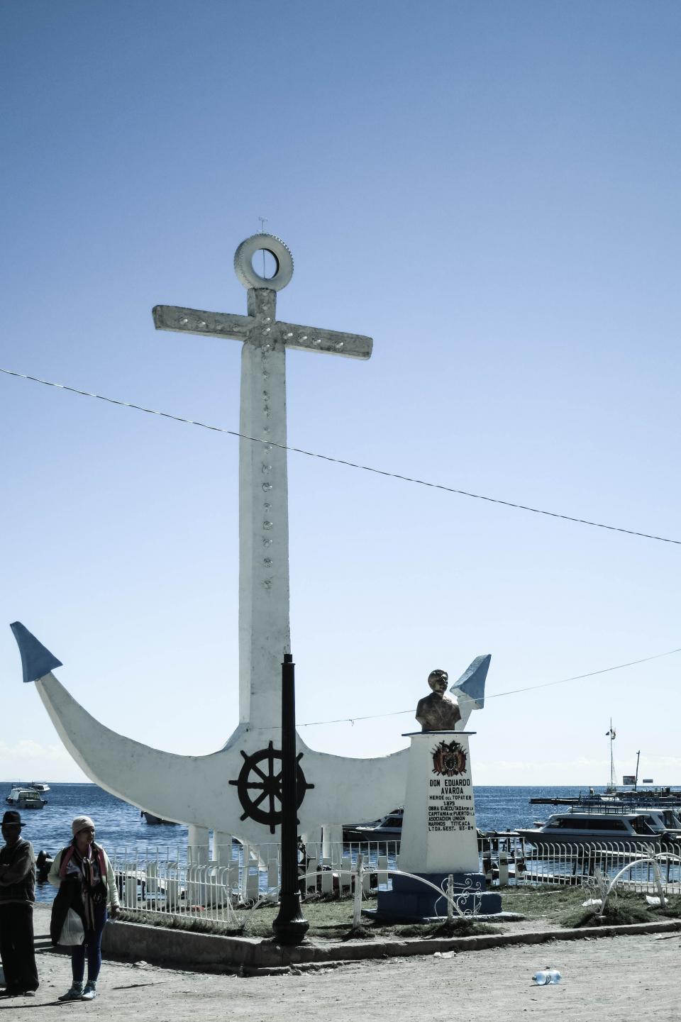anchor, Copacabana, Bolivia, statue, landmark, water