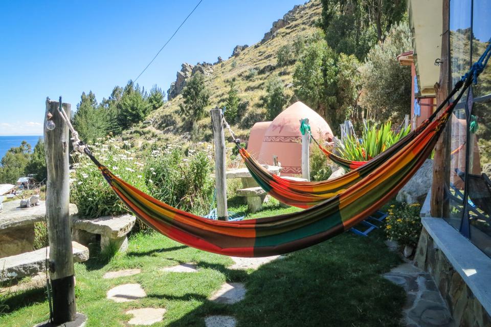 hammocks, Las Olas Suites, Copacabana, Bolivia, relaxing, chilling, grass, yard, hills