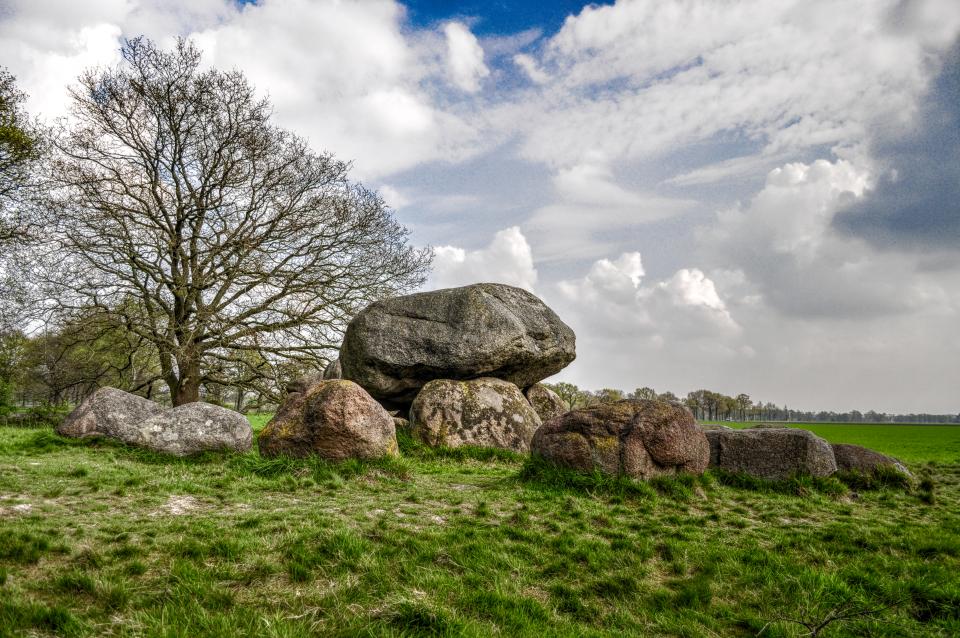 rocks, trees, grass, field, sky, clouds, landscape