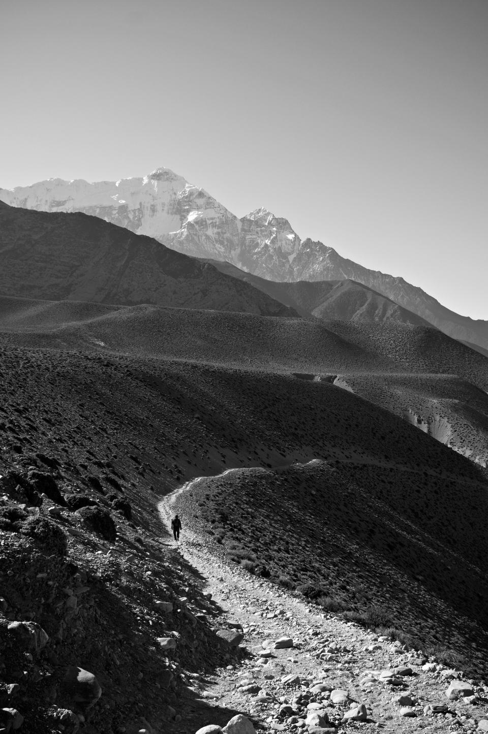 nepal, black and white, walking, stones, gravel, mountains, hills, dirt
