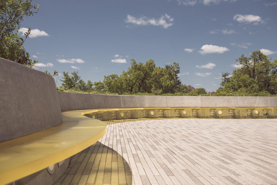 bench, seating, stones, concrete, trees, sky, clouds