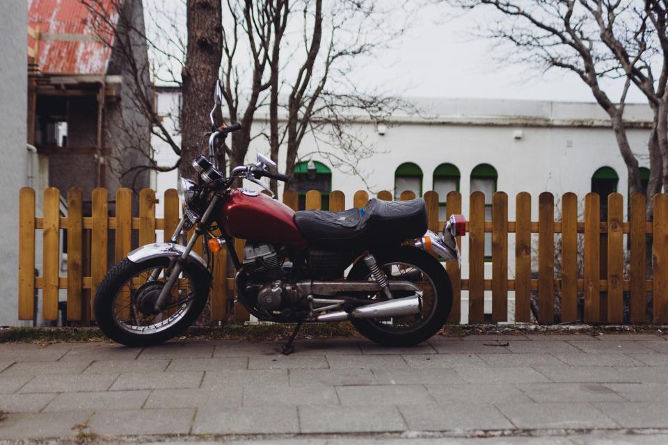 motorcycle, motorbike, picket fence, wood, sidewalk