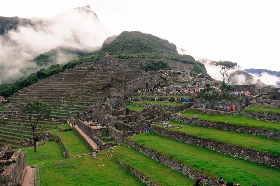 Machu Picchu, Peru, landscape, green, grass, rocks, people, mountains, clouds, nature