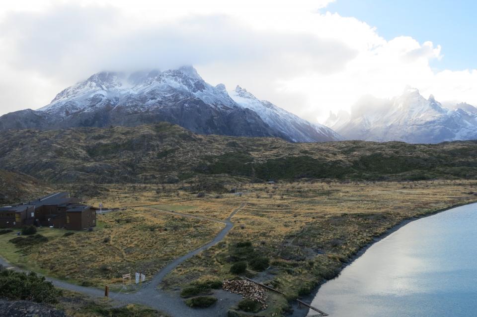 Torres Del Paine, Patagonia, Chile, landscape, mountains, peaks, snow, sky, clouds, fields, grass, nature